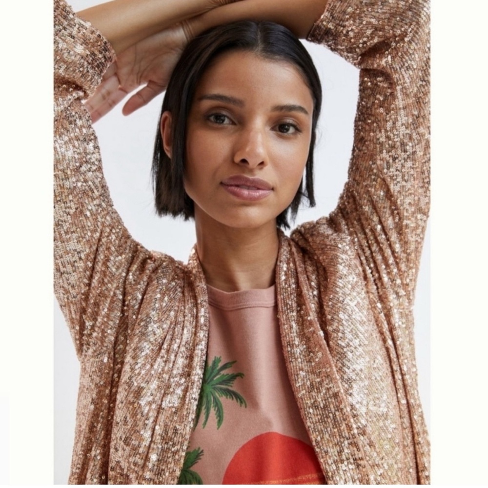 ANTHROPOLOGIE BB DAKOTA SHOW STOPPER ROSE GOLD SEQUIN CARDIGAN DUSTER 1X - Picture 3 of 10